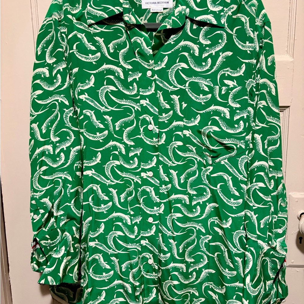Victoria Beckham Green Button-Up Printed Blouse
